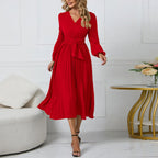 Long-Sleeve Wrap Pleated Midi Dress with Belt