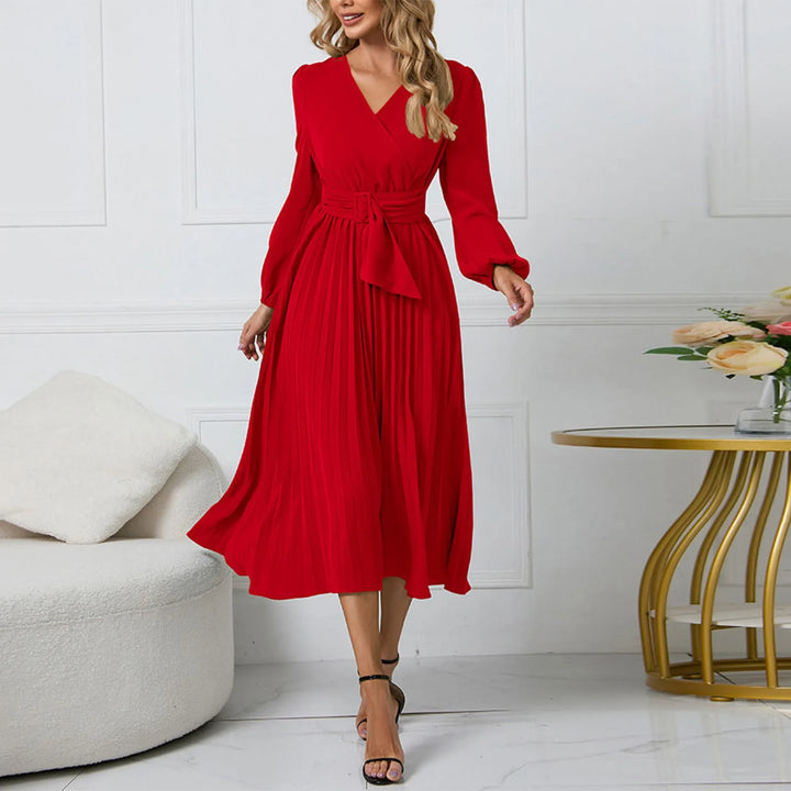 Long-Sleeve Wrap Pleated Midi Dress with Belt-HighTouch
