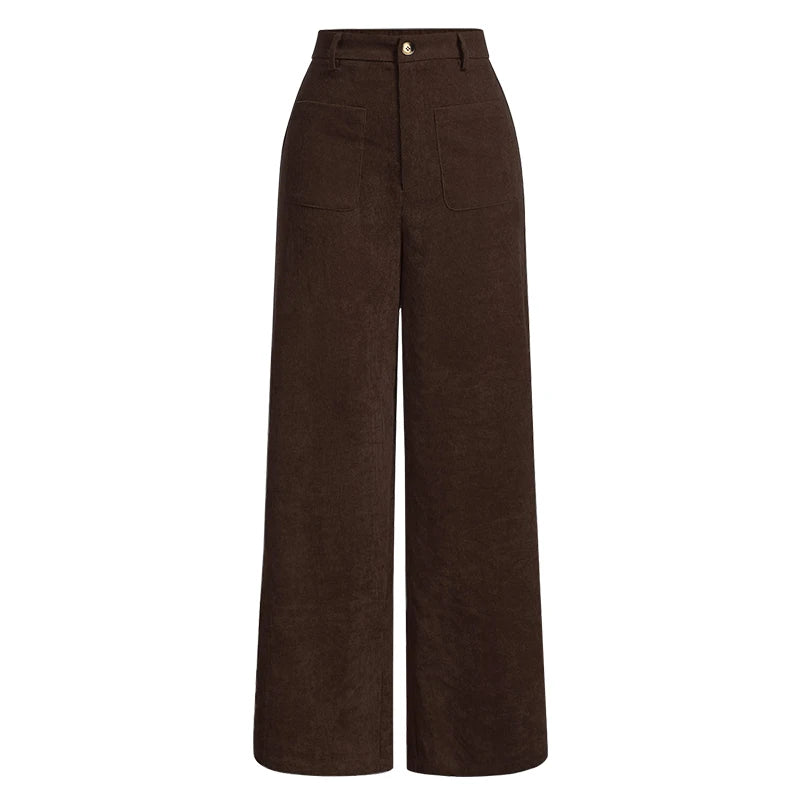 All-Season High Waist Wide-Leg Trousers for Women – Button Front & Pockets-HighTouch
