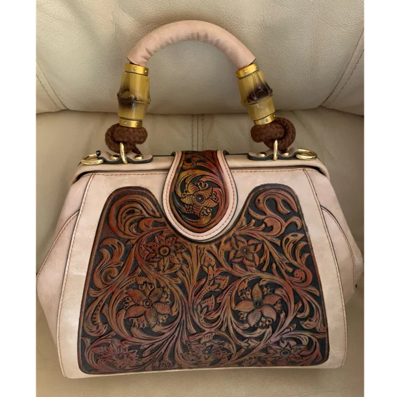 Luxury Handmade Women Shoulder Bag Vintage Carved Leather Women's Bag
