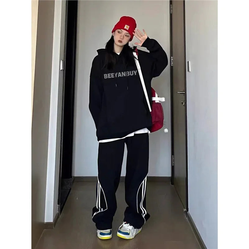 Casual Fleece Lined Hoodie Women's Autumn Winter Thickened American Retro Lazy Style Couple Outerwear Cotton Full Sleeve