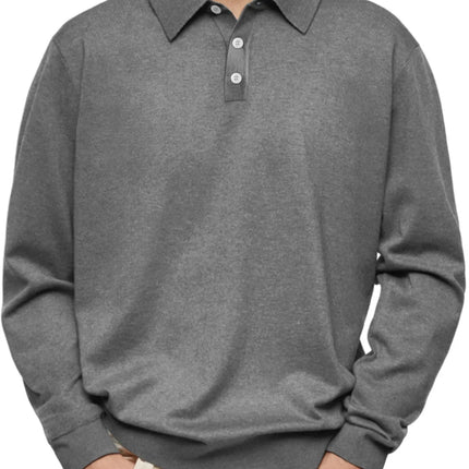 Men’s Long-Sleeve V-Collar Solid Polo Shirt – Loose Fit Casual Knitwear