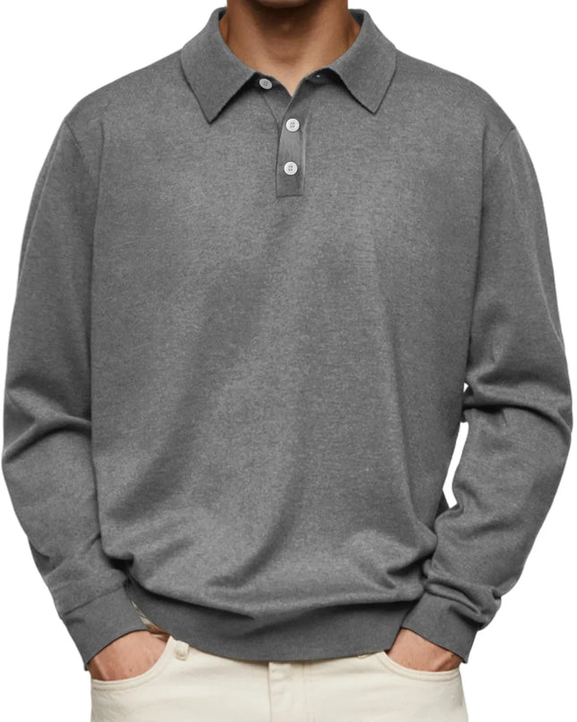Men’s Long-Sleeve V-Collar Solid Polo Shirt – Loose Fit Casual Knitwear