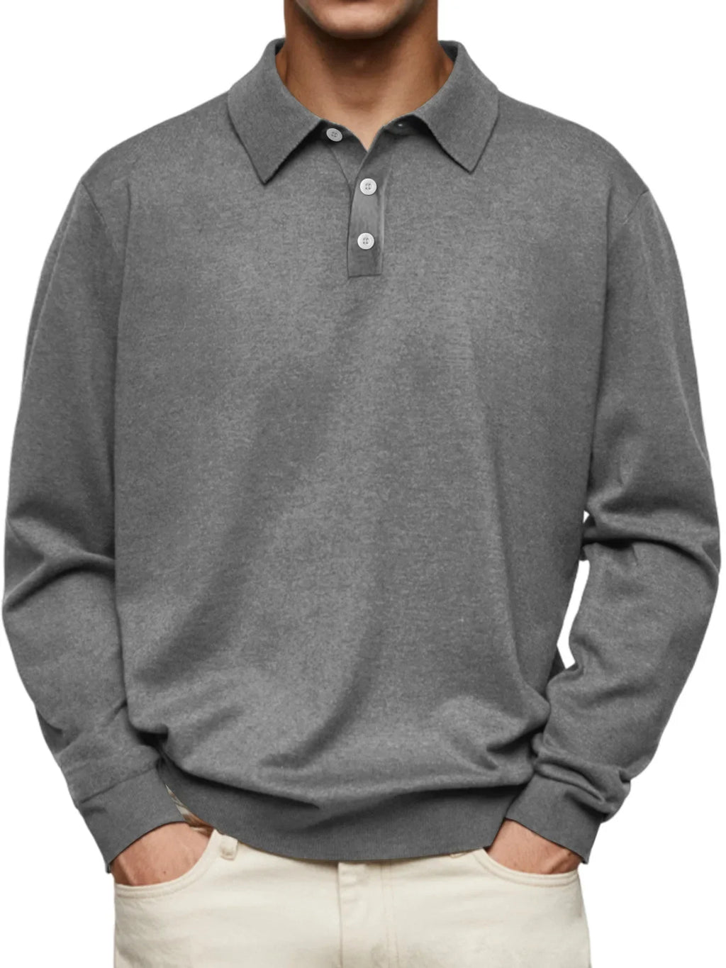 Men’s Long-Sleeve V-Collar Solid Polo Shirt – Loose Fit Casual Knitwear-HighTouch