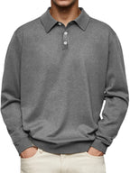 Men’s Long-Sleeve V-Collar Solid Polo Shirt – Loose Fit Casual Knitwear-HighTouch
