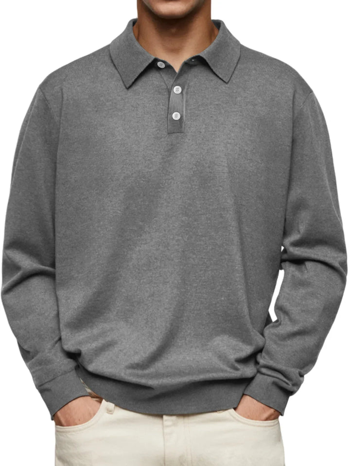 Men’s Long-Sleeve V-Collar Solid Polo Shirt – Loose Fit Casual Knitwear-HighTouch