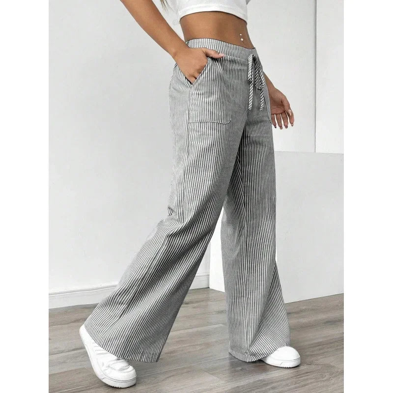 Women’s High-Waisted Loose Wide-Leg Striped Trousers-HighTouch