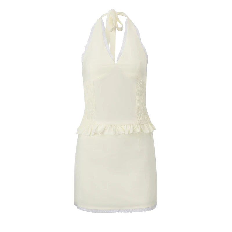 WhereMery Elegant Fashion Backless Lace Sleeveless Solid Casual Streetwear Crop Tops Mini Skirt Autumn Sexy Women 2 Piece Set