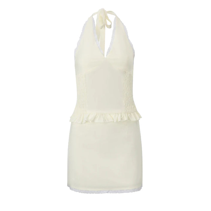 Backless Lace Sleeveless Solid Casual Streetwear Crop Tops Mini Skirt-HighTouch