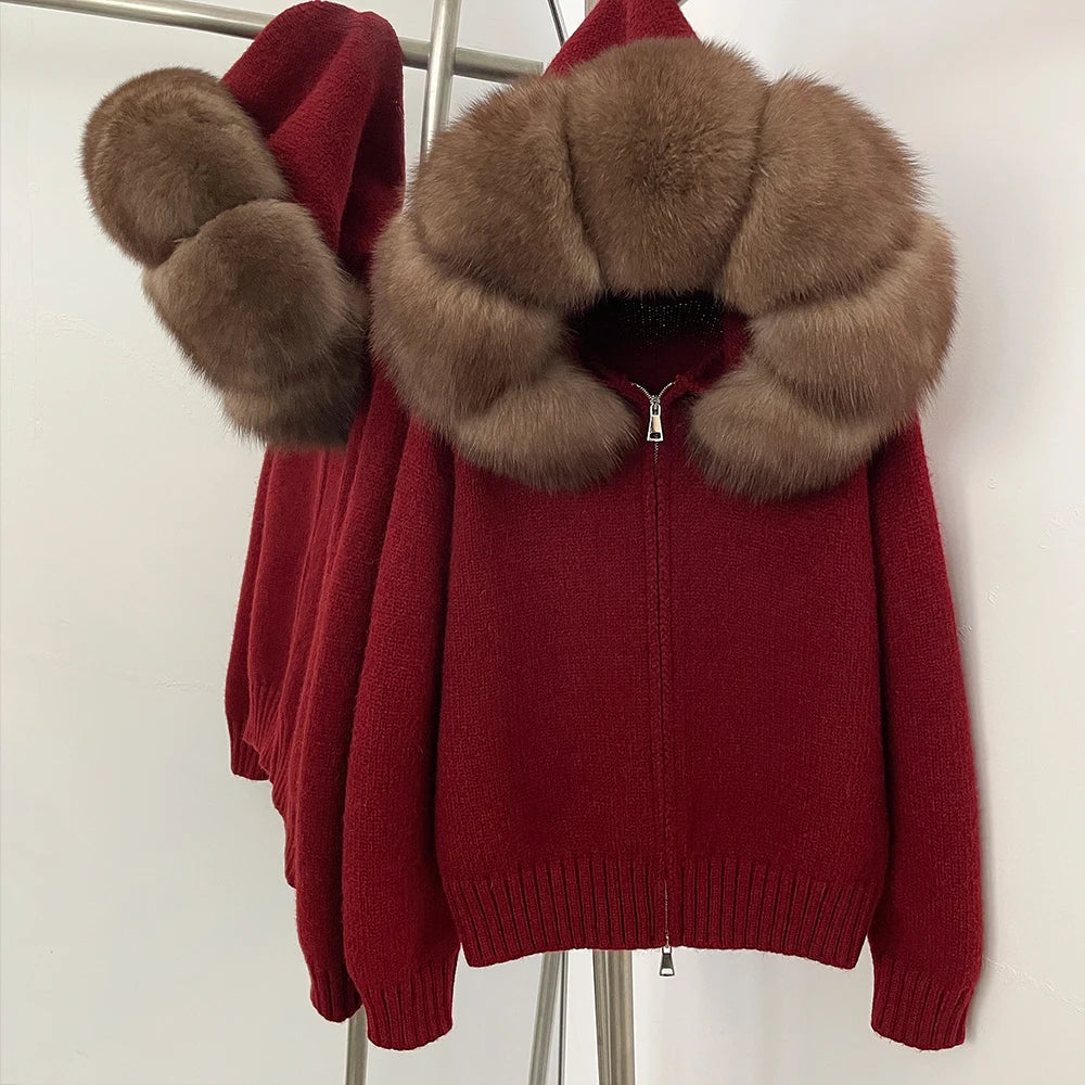 Women’s Hooded Knit Cardigan with Real Fox Fur – Casual Short Coat-HighTouch