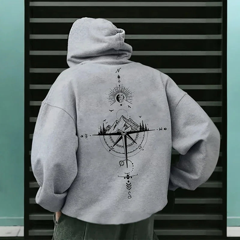 Men’s Vintage Compass Print Hoodie-HighTouch