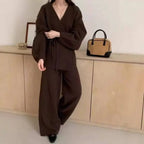 Women’s Knit Matching Set Zip Cardigan Wide Leg Pants Cozy Outfit-HighTouch