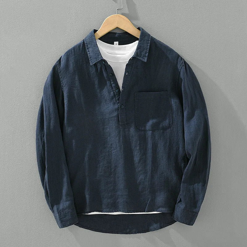 Linen Loose Square-Collar Long Sleeve Shirt Men-HighTouch