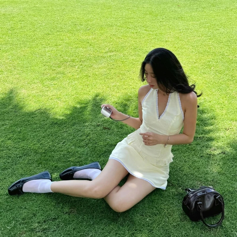 WhereMery Elegant Fashion Backless Lace Sleeveless Solid Casual Streetwear Crop Tops Mini Skirt Autumn Sexy Women 2 Piece Set