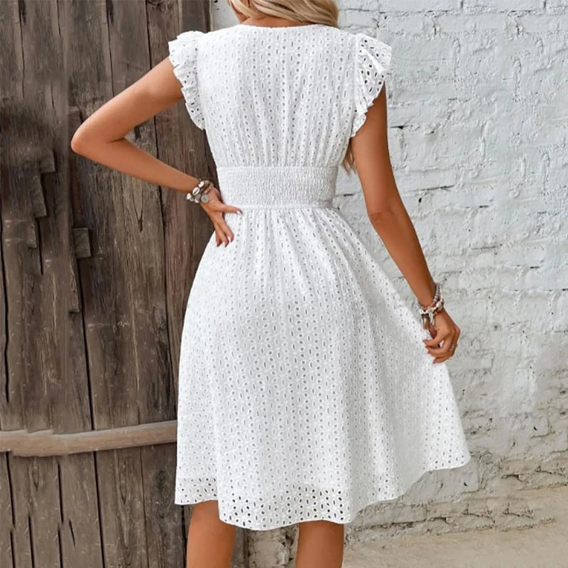 V‑Neck Hollow‑Lace Flare Sleeve Beach Midi Dress-HighTouch