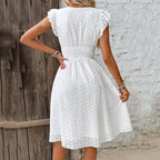 V‑Neck Hollow‑Lace Flare Sleeve Beach Midi Dress-HighTouch