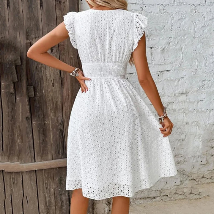 V‑Neck Hollow‑Lace Flare Sleeve Beach Midi Dress-HighTouch