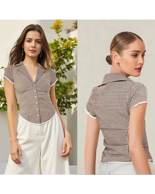 Plaid Lace Trim Button-Down Shirt