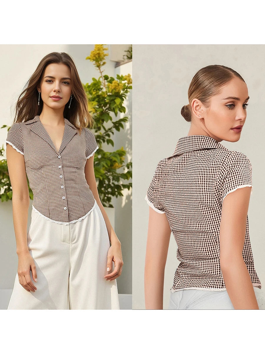 Plaid Lace Trim Button-Down Shirt