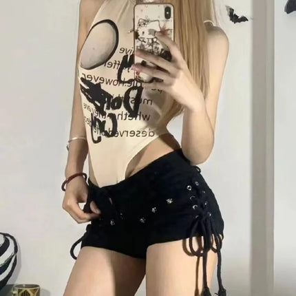 Rock Retro Vibes in Sexy Lace-Up Skinny Shorts