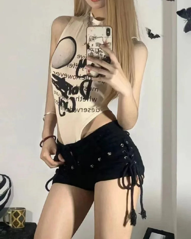 Rock Retro Vibes in Sexy Lace-Up Skinny Shorts