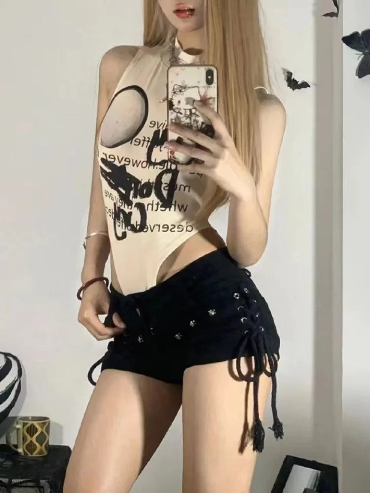 Rock Retro Vibes in Sexy Lace-Up Skinny Shorts-HighTouch