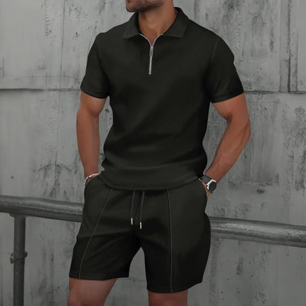 Men’s Summer Waffle Knit Zip-Up Lapel Short Sleeve Suit & Shorts Set