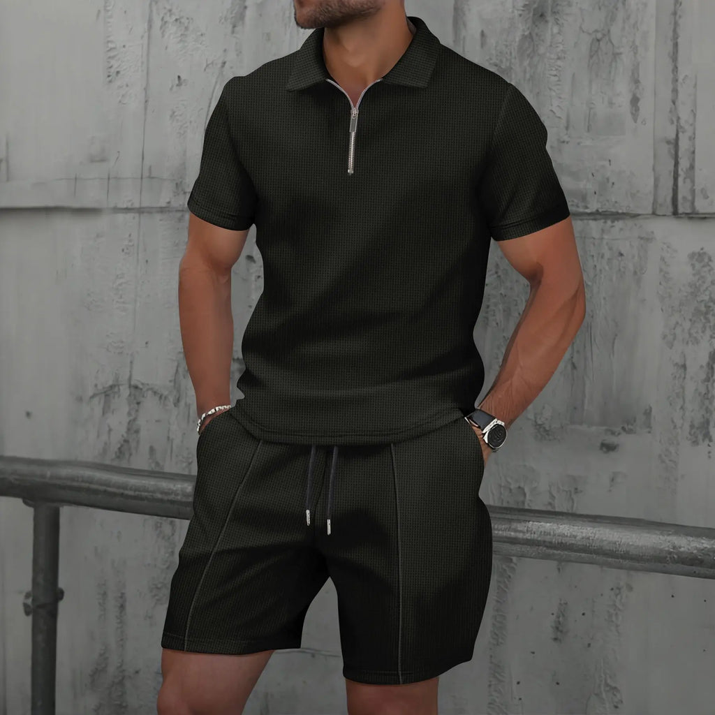 Men’s Summer Waffle Knit Zip-Up Lapel Short Sleeve Suit & Shorts Set-HighTouch