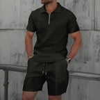 Men’s Summer Waffle Knit Zip-Up Lapel Short Sleeve Suit & Shorts Set-HighTouch