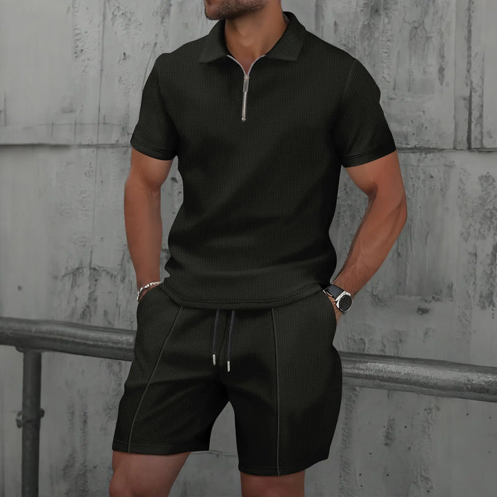 Men’s Summer Waffle Knit Zip-Up Lapel Short Sleeve Suit & Shorts Set-HighTouch