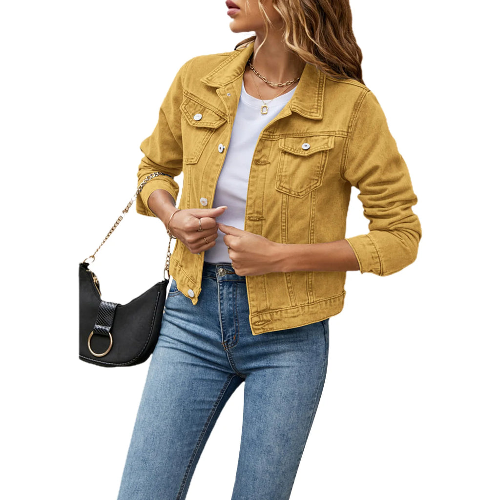Slim-Fit Button-Down Denim Jacket – Cropped Denim Jacket-HighTouch