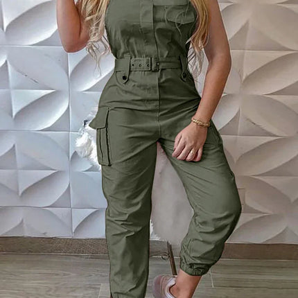 Sleeveless Cargo Jumpsuit with Drawstring Waist