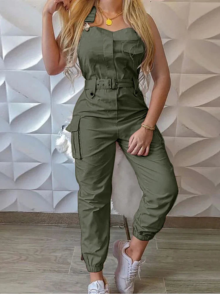 Sleeveless Cargo Jumpsuit with Drawstring Waist-HighTouch