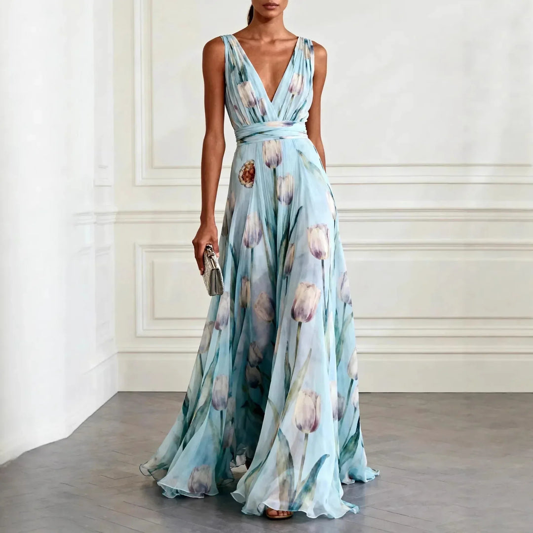Josephina | Tulip Print V-Neck Maxi Wedding Guest Dress