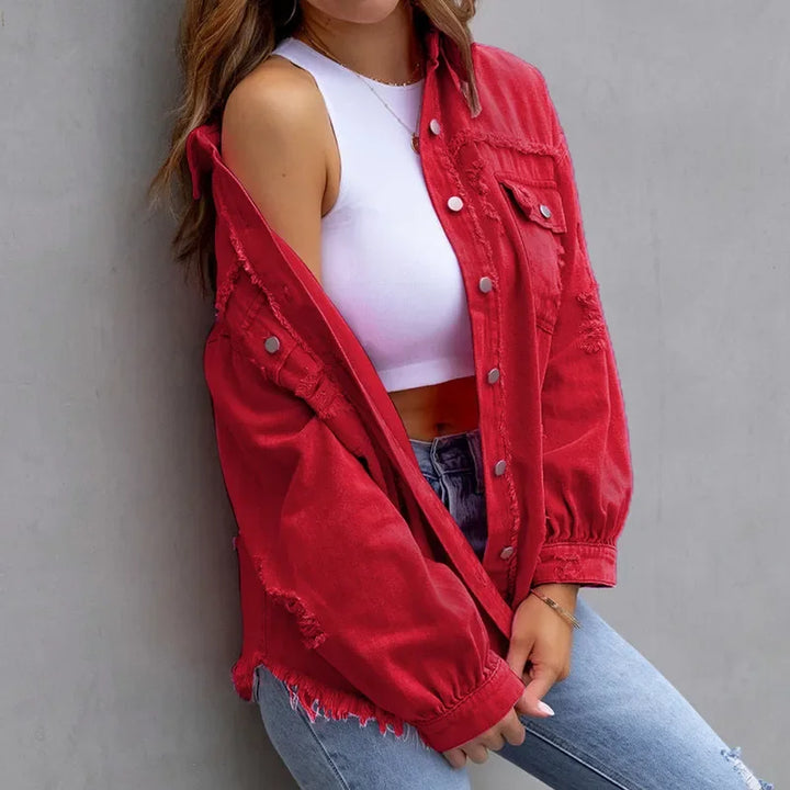 Women’s Distressed Denim Overshirt for Casual Layering
