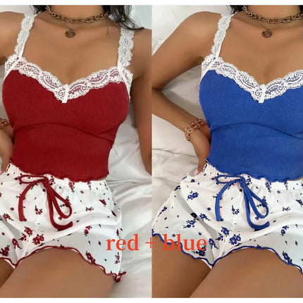 Women’s Pink Lace Patchwork Camisole & Shorts Pajama Set – Sexy Lounge Sleepwear