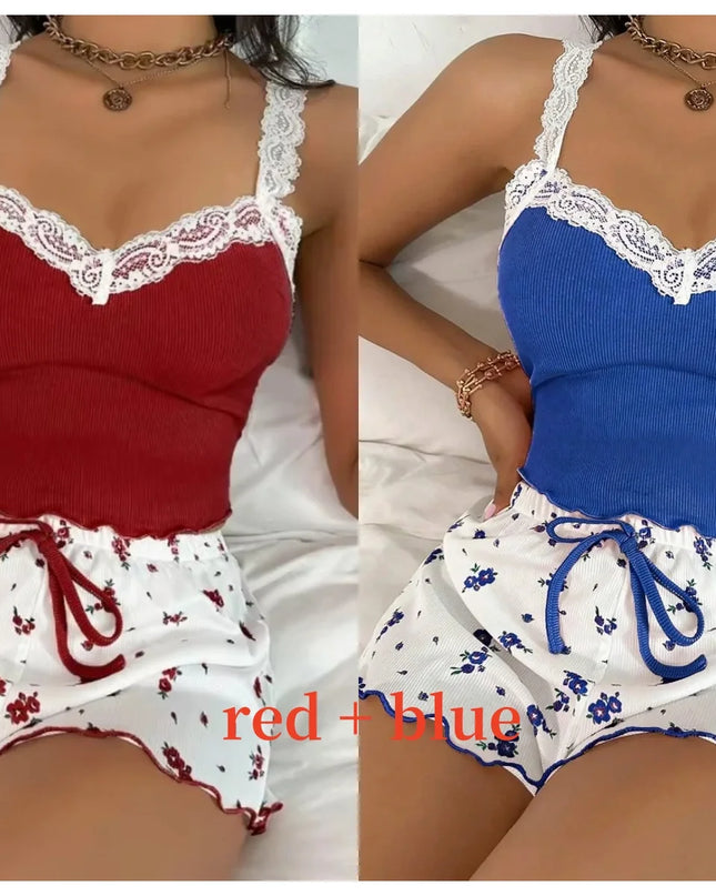 Women’s Pink Lace Patchwork Camisole & Shorts Pajama Set – Sexy Lounge Sleepwear