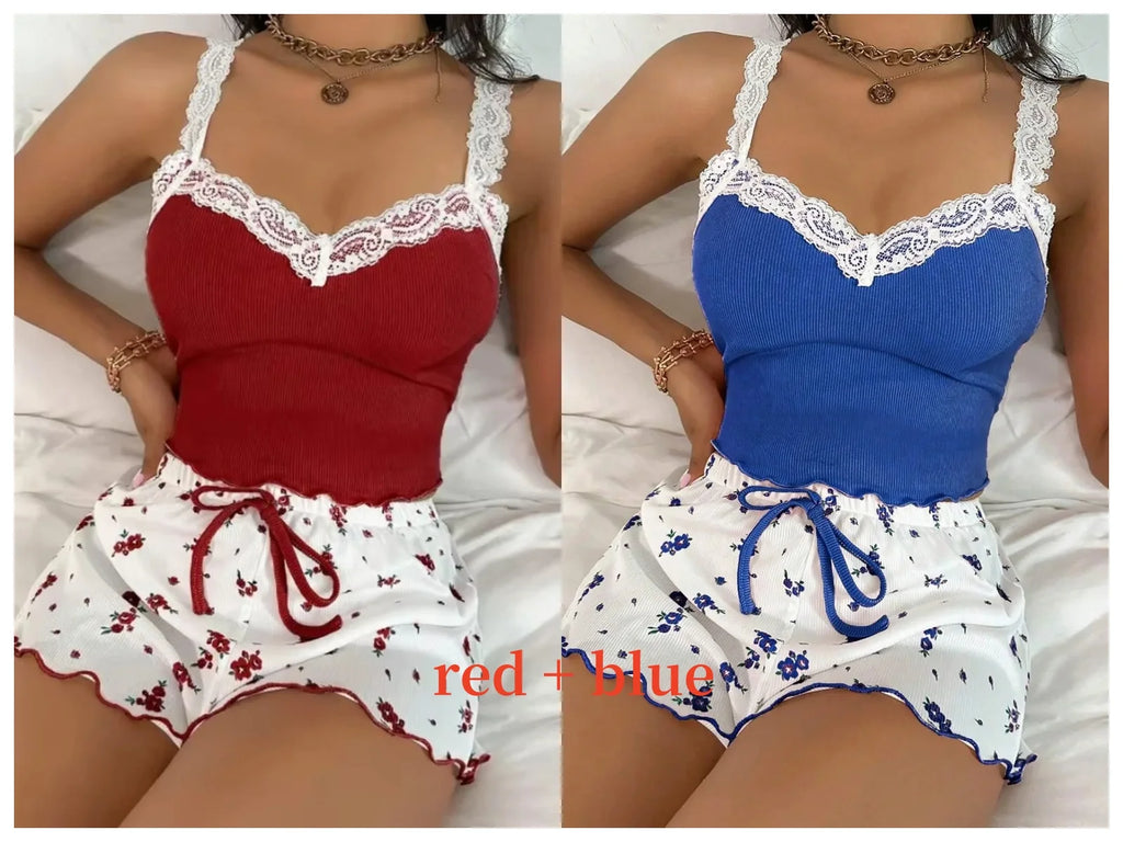Women’s Pink Lace Patchwork Camisole & Shorts Pajama Set – Sexy Lounge Sleepwear-HighTouch