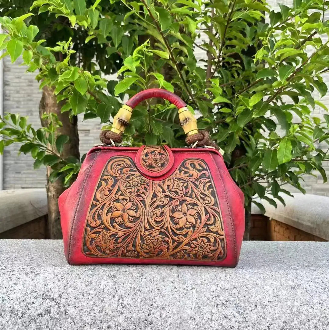 Luxury Handmade Women Shoulder Bag Vintage Carved Leather Women's Bag