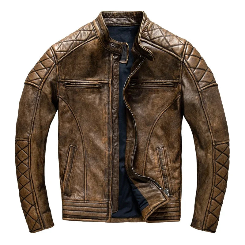 Vintage Yellow-Brown Cowhide Slim Fit Biker Jacket – Motorcycle Coat-HighTouch