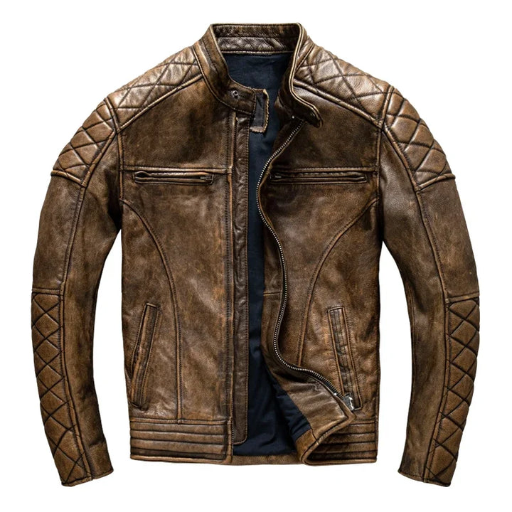 Vintage Yellow-Brown Cowhide Slim Fit Biker Jacket – Motorcycle Coat-HighTouch
