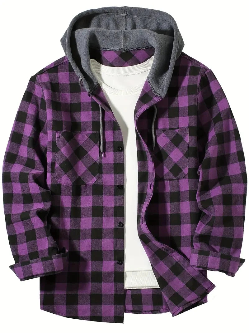 Men's Hooded Plaid Flannel Shirt - Slim Fit Shacket Jacket