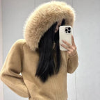 Women’s Hooded Knit Cardigan with Real Fox Fur – Casual Short Coat-HighTouch
