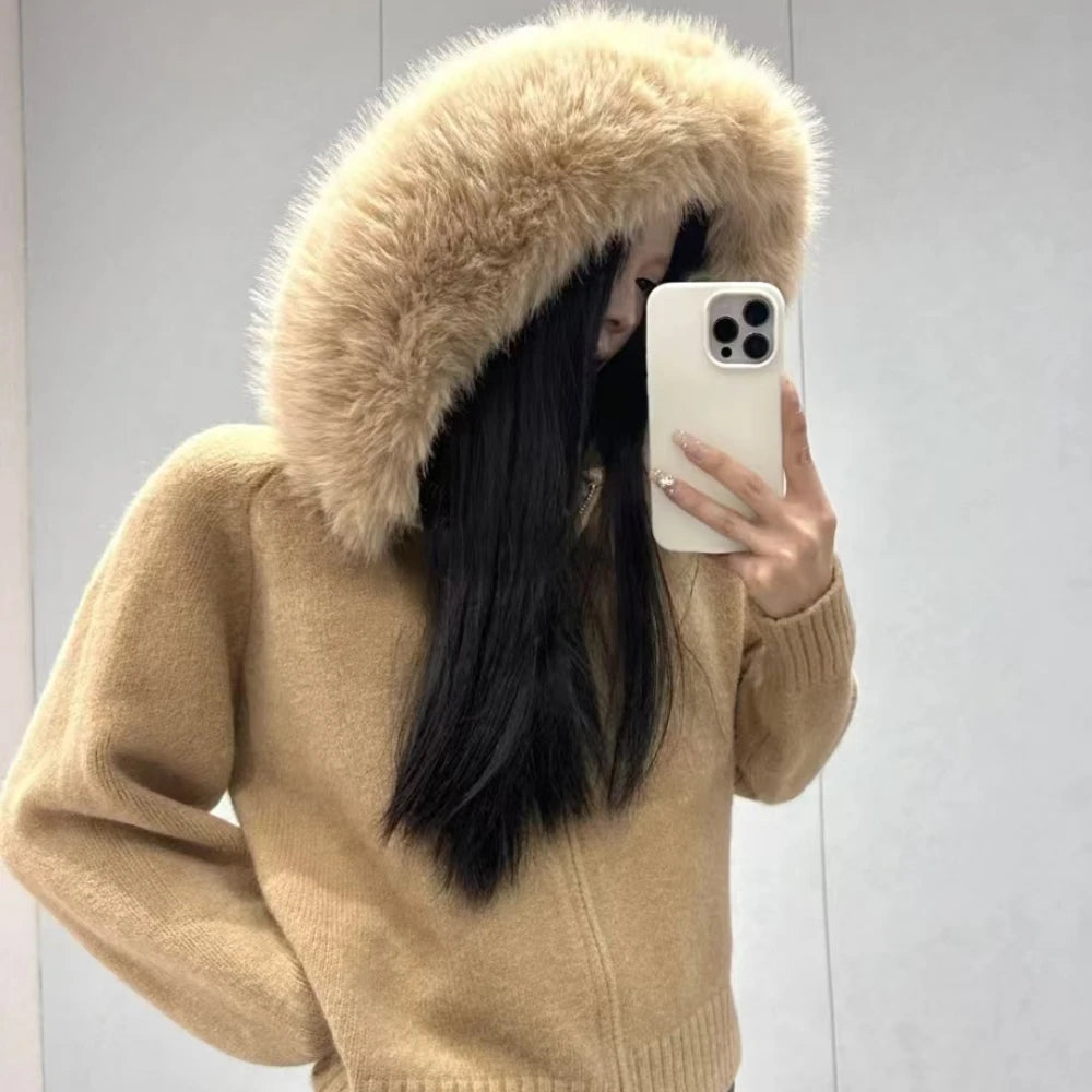 Women’s Hooded Knit Cardigan with Real Fox Fur – Casual Short Coat-HighTouch