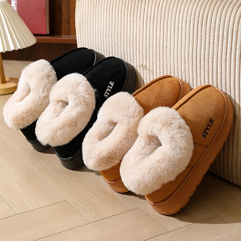 Anti-slip Thick Plush Snow Boots Women Faux Suede Platform Fur Winter Boots Woman Slip On Warm Cotton Padded Shoes