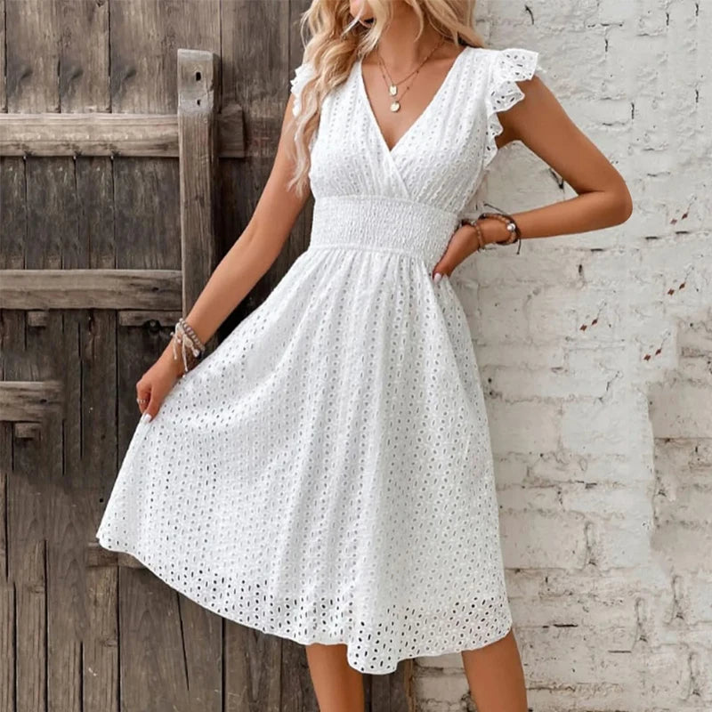 V‑Neck Hollow‑Lace Flare Sleeve Beach Midi Dress