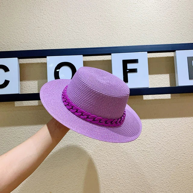 Adjustable Flat‑Top Yellow Straw Fedora-HighTouch