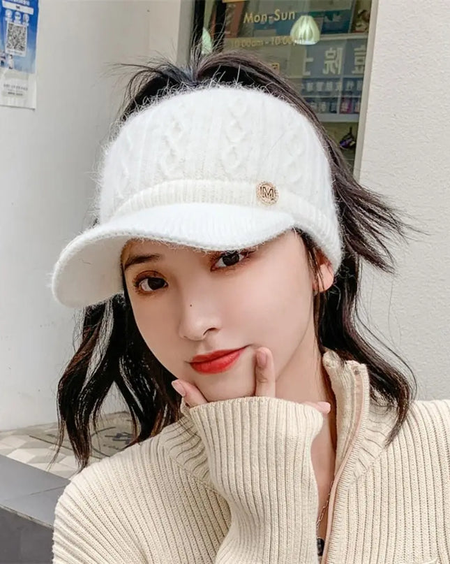 Rabbit Fur-Lined Knit Beanie with Open Top