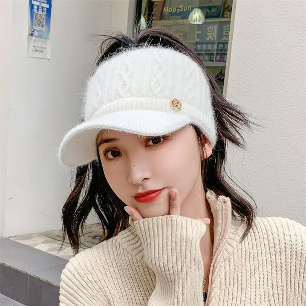 Rabbit Fur-Lined Knit Beanie with Open Top-HighTouch