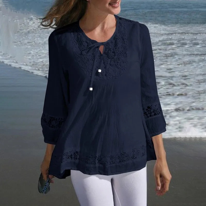 Cotton-Linen Lace Summer Blouse – ¾ Sleeve Casual Top-HighTouch